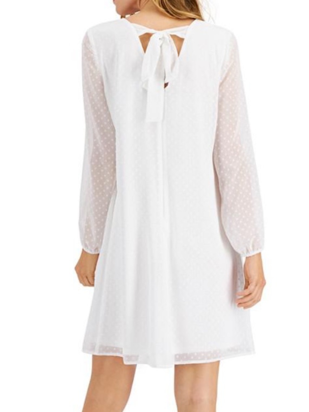 INC Women's Dotted Dress Tie-Back Size Large V-Neck Bishop Sleeve EUC White